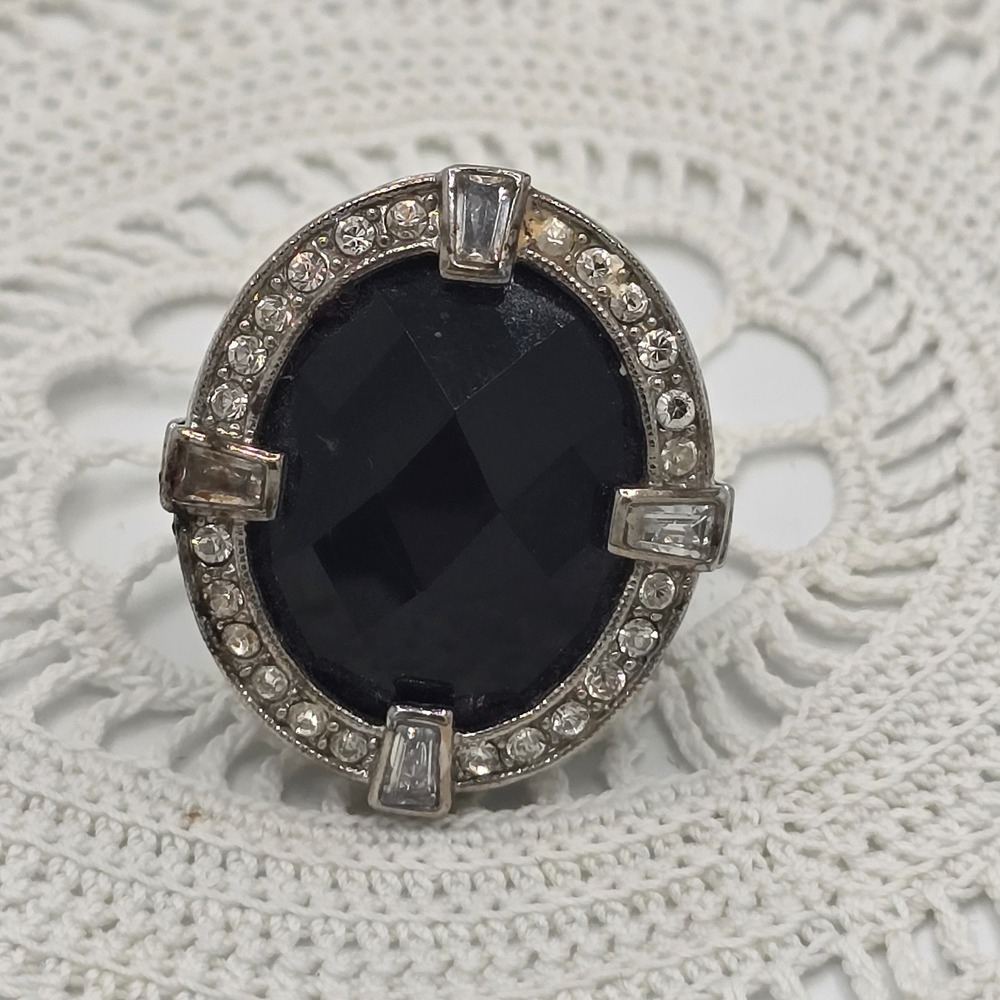 Vintage Monet Statement Ring Cocktail Black Rhinestones Crystal Silver tone 7.5